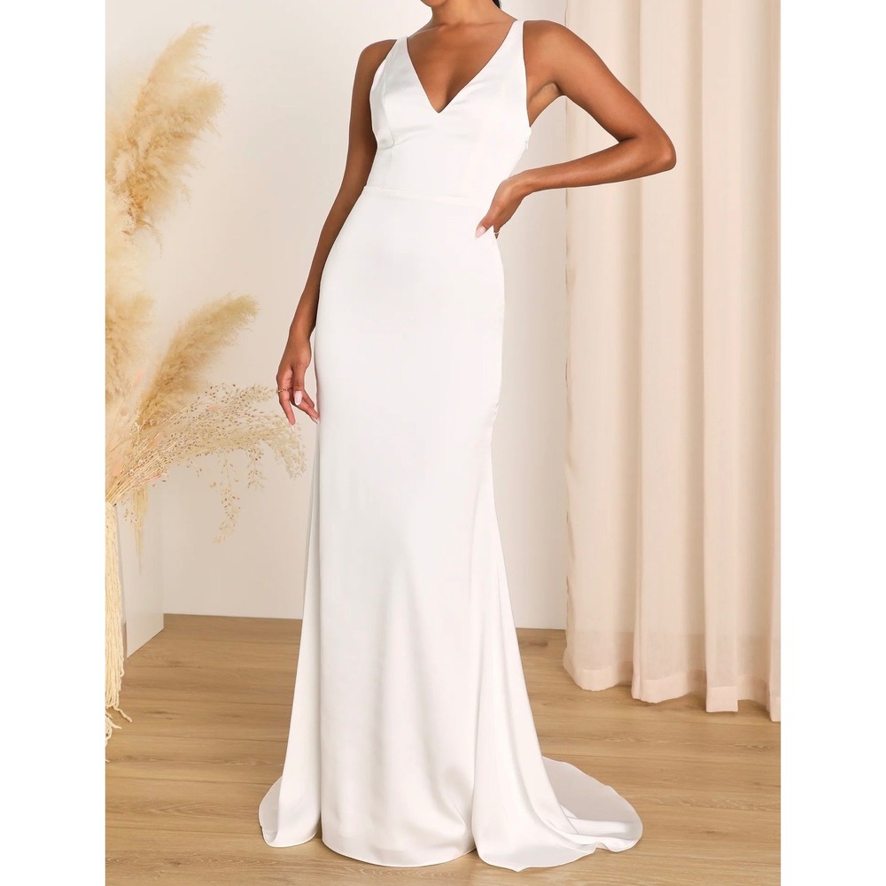 Lulus Polished Perfection White Satin V-Neck Mermaid Maxi Dress NWT Size Large